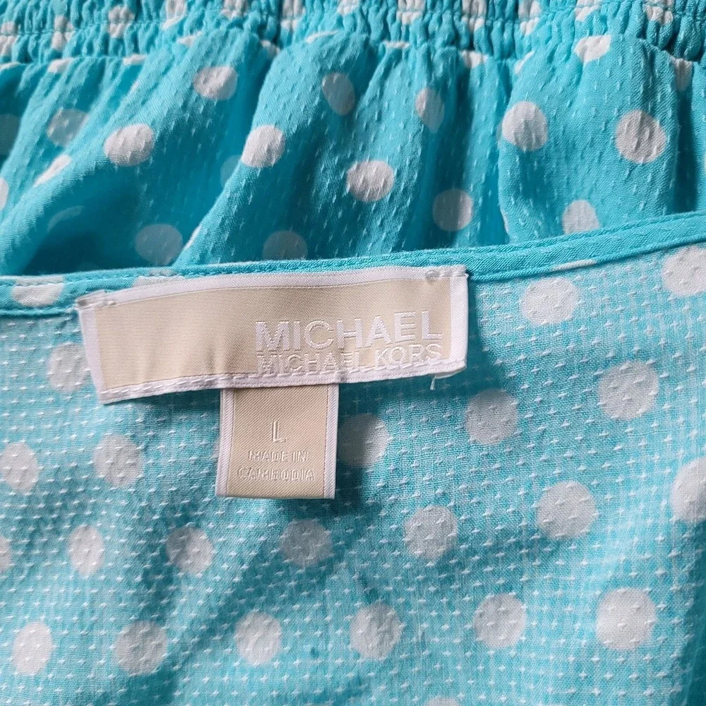 Michael Kors‎ Sky Blue Polka Dot Smocked Waist Midi Dress Large Romantic Pin Up